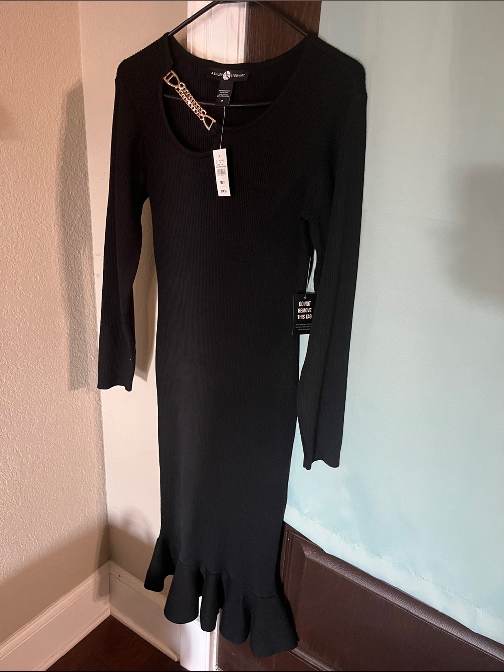 Ashley Stewart Black Ribbed Long-Sleeve Midi Dress with Flounced Hem